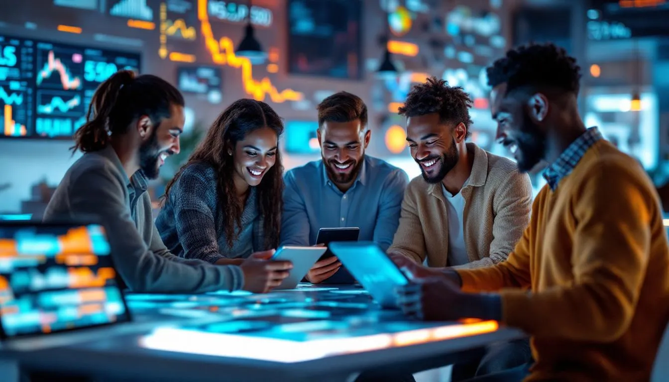 미국주식 투자에 관심 있는 다양한 투자자들이 디지털 플랫폼을 통해 활발히 거래하는 모습
