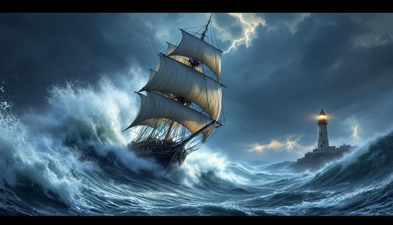 시장 변동성을 견디며 장기 투자 원칙을 지키는 확고한 투자자 마음가짐을 표현한 배와 등대 이미지