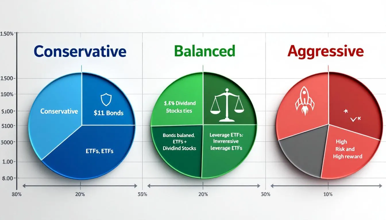 보수형, 균형형, 공격형 투자 포트폴리오 구성을 시각적으로 표현한 컬러풀 차트 이미지