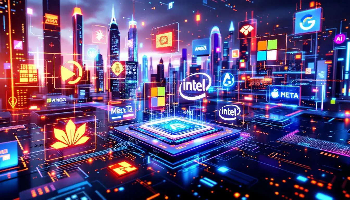 2025년 AI와 반도체 슈퍼사이클을 주도하는 주요 기업을 보여주는 AI와 디지털 배경의 기업 로고 이미지