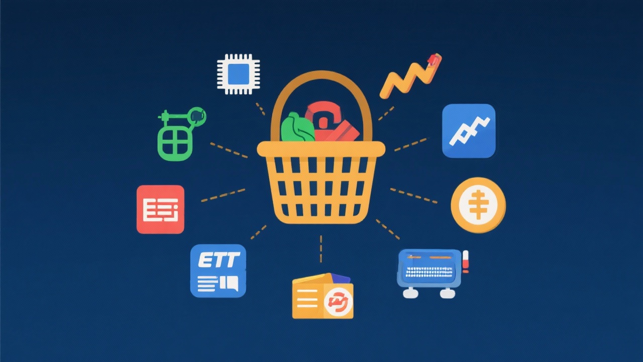 2025년 주식투자 팁 초보자를 위한 성공 첫 투자 전략 5 반도체, 바이오, 금융, 소비재 등 다양한 섹터에 분산투자하는 초보자용 ETF와 주식 아이콘 이미지