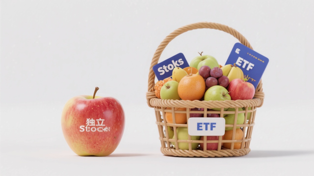 주식투자 FAQ 초보자를 위한 2025년 최신 가이드 3 개별 주식과 ETF의 차이를 사과와 과일 바구니로 비유한 이미지